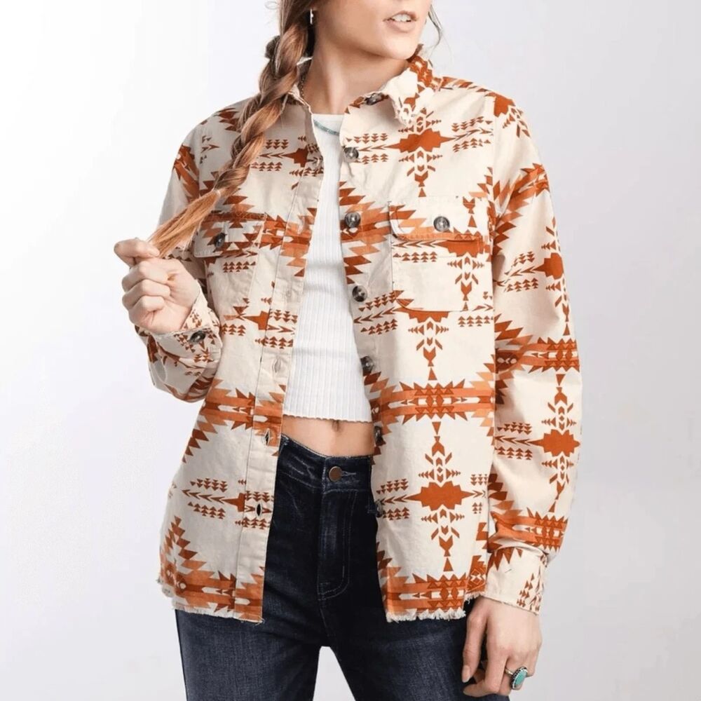 BKE Button Down Shirt Womens Size S Beige Brown Aztec Southwestern Long Sleeve